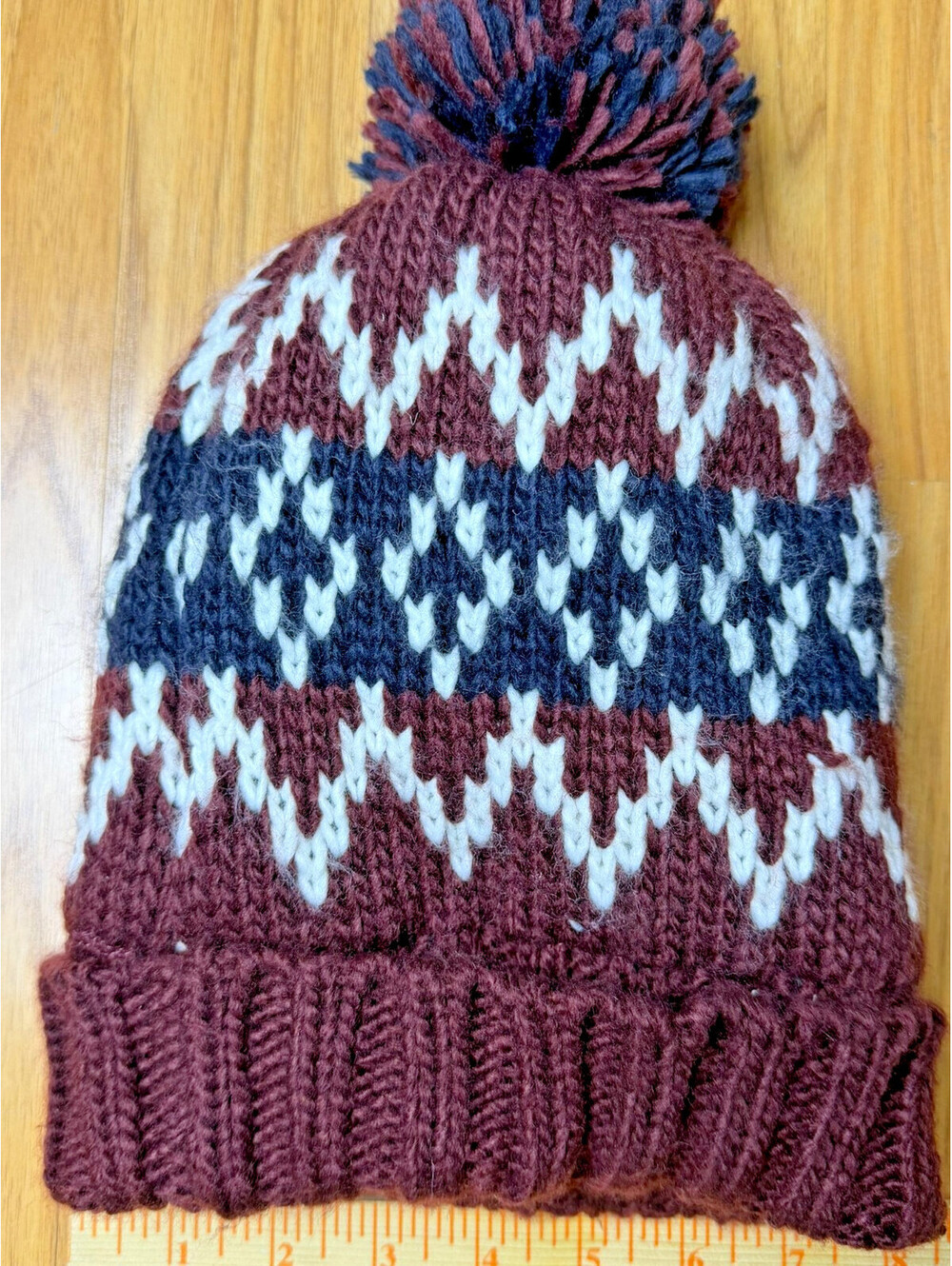 Goodfellow Co Fair Isle Pom Beanie Maroon Navy Fleece Lined Winter Knit Hat OSFA